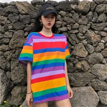 Харадзюку летняя футболка для женщин топы хит цвет Радуга Полосатый каждодневный свободный женский футболка