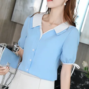 

New 2019 Spring Summer Women Blouse Chiffon Top Slim Lace Shirt Korean Style Fashion Casual Shirts Womens Tops Yellow Blouses