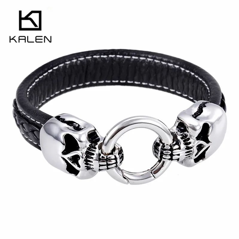 

Kalen 22cm Punk Biker Jewelry Wholesale Stainless Steel Skull Head Leather Bracelet Bangle Wristband For Men Gothic Accessory