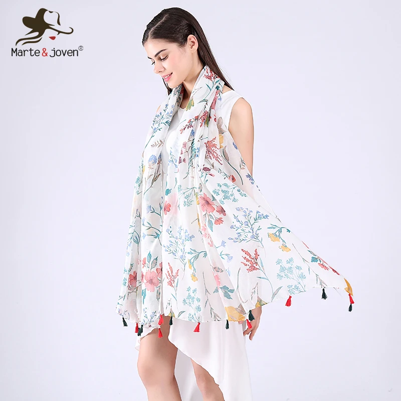 

Marte&Joven Fashion Designer Floral Print Oversized White Scarves Shawl for Women Spring&Autumn Elegant Fringe Scarf Pashmina