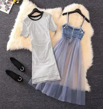 Long T-shirts Mesh Dress Women Skirts Sets O-neck Striped Tops Denim Mesh Spliced Zipper High Waist A-line Dress Sets stylish round neck long sleeve voile spliced a line women s dress