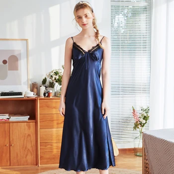 

Summer Strap Deep V Neck Lace Nightgown Casual Backless Sleepwear Sleep Shirt Faux Silk Underwear Babydoll Lingerie Home Dress