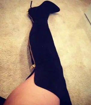 

Extrmely Sexy Thin High Heels Over The Knee Boots Women Back Zipper Botas Femenina Black Flock / PU Chaussure Femme 2017