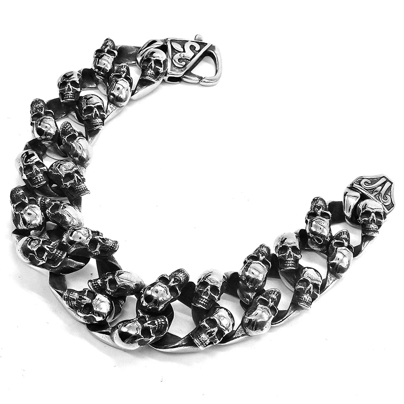 AMUMIU Cool Skull hombres pulsera joyería Acero inoxidable esqueleto cadena Heavy Puck joyería 8,5 "Halloween Undead decoración HZB143|Brazaletes de cadena y enlaces| - AliExpress