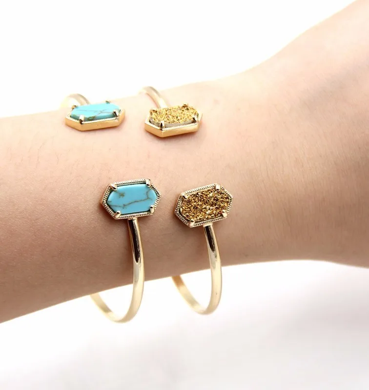 New Cute Oval Quartz Copper Bangles White and Blue green Stone