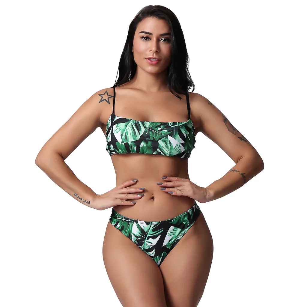 

Women's Leaves Printed Green Tube Top Split Bikini Set Push-Up Brazilian Two Pieces Swimwear Beachwear Swim Summer Bathing Suits