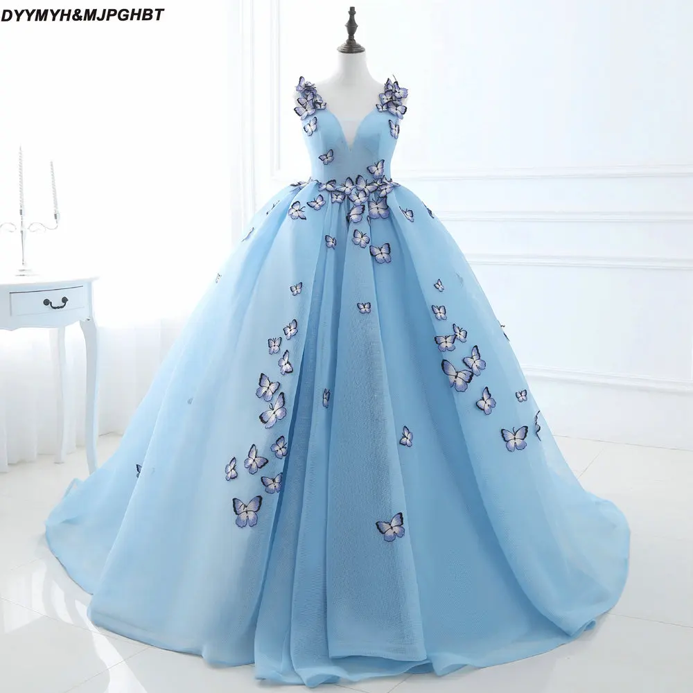 

Fairy Tale Princess Prom Dresses V Neck Tiered Skirt Sky Blue Ball Gown Beautiful Cosplay Evening Dress