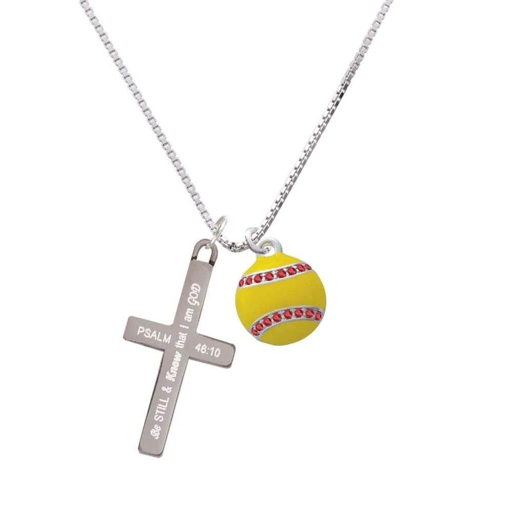 Optic Yellow Softball with Red Crystal Stitching - Be Still and Know - Cross Necklace
