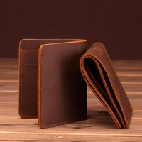 Crazy Horse Leather Men Wallets Retro Handmade Small Purse Top Cow Leather Brand Designer Minimalist Wallet Portomonee 1