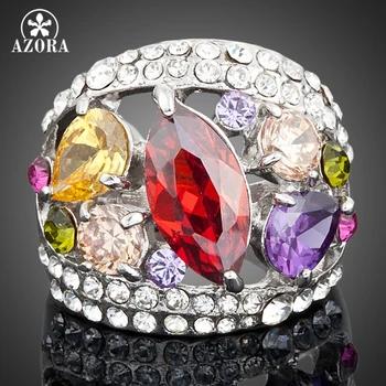 

AZORA White Gold Color Stellux Multicolour Austrian Crystal Water Drop Cubic Zirconia Wedding Ring TR0009