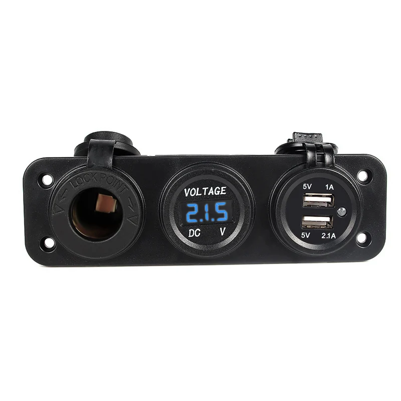 

3-in-1 1A 2.1A Dual USB Charger Adapter Plug LED Digital Voltage Meter Voltmeter Cigarette Lighter Socket Port 12 24V Blue Light