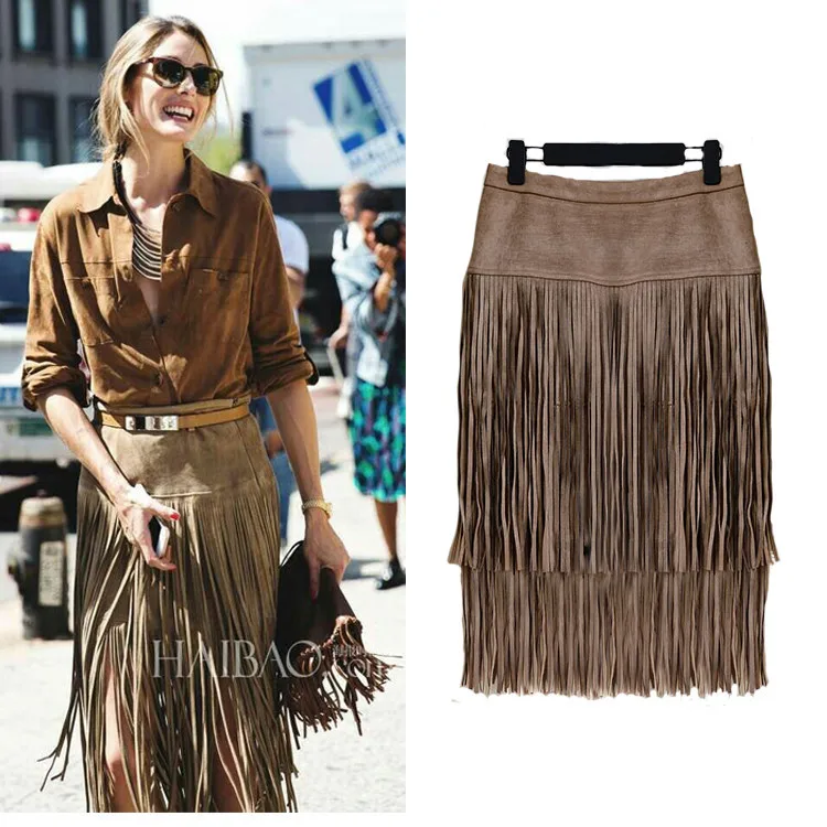 Khaki Women Skirts Модные Винтажные юбки, новинка, высокая талия, прямая кожаная юбка, бахрома, замша, кисточка, женские юбки - Цвет: Khaki Women Skirts