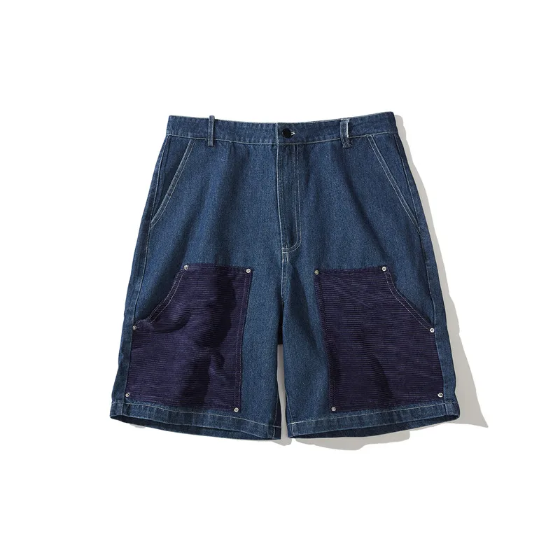 blue shorts Темные значки вельветовые заплатки джинсовые шорты мужские летние прямые стиль хип хоп мужские уличные шорты черные - Цвет: blue shorts