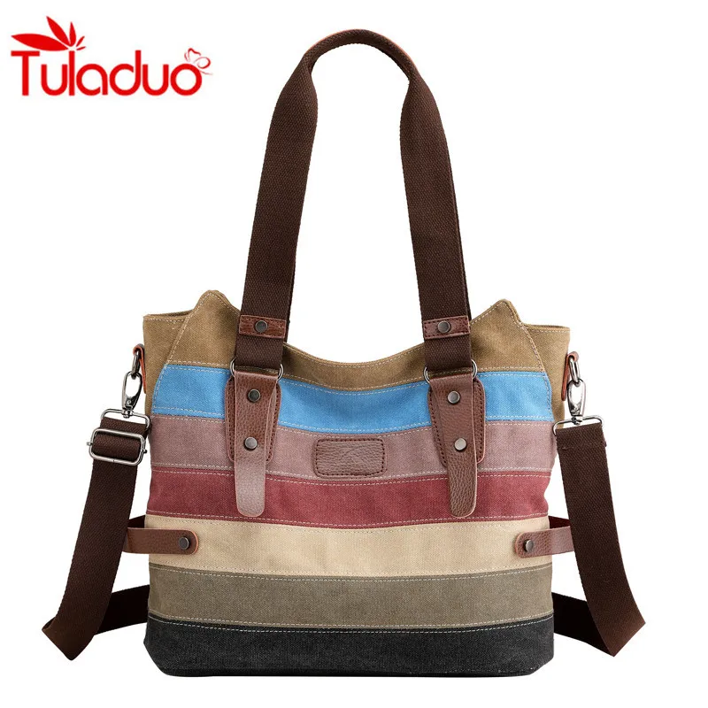 

2018 Women's Shoulder Bags Vintage Stripe Canvas Handbags Ladies Tote Fashion Designer Handbag Sac Ladies Shoulder Messenger Bag