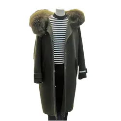 Зима Большой Размеры шерстяные пальто Для женщин костюмы Повседневное меховой воротник Армейский зеленый пальто новый большой Размеры