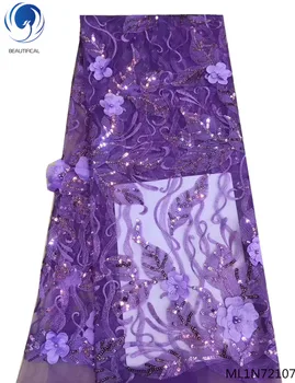 

BEAUTIFICAL purple 3d tulle laces nigerian lace fabrics wedding lace sequins fabric 5 yards/lot with beads on sale ML1N721