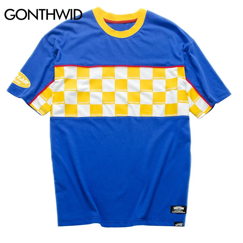 

GONTHWID Color Block Patchwork Squares Printed T Shirts 2019 Mens Hip Hop Short Sleeve Streetwear Tops Tees Summer Male Tshirts