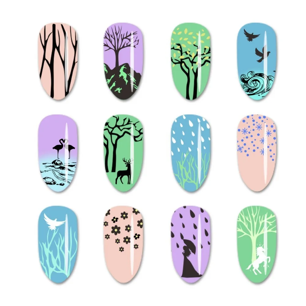 Beautybigbang Stamping Plates New Style Deer Rain Tree River Unicorn Image Template Stainless Steel Nail Art Stamp Plate Stencil