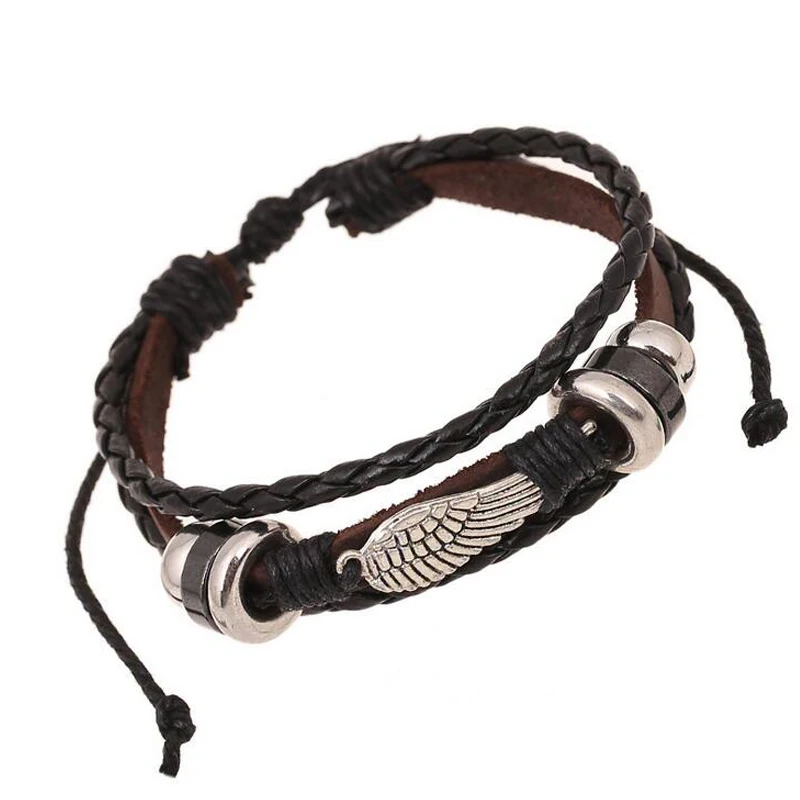 

Punk Rock Angel Wings Bracelets Charm Hand Jewelry Genuine Leather Braided Men Bracelet Wristband Bangles Bead Strand Braclet