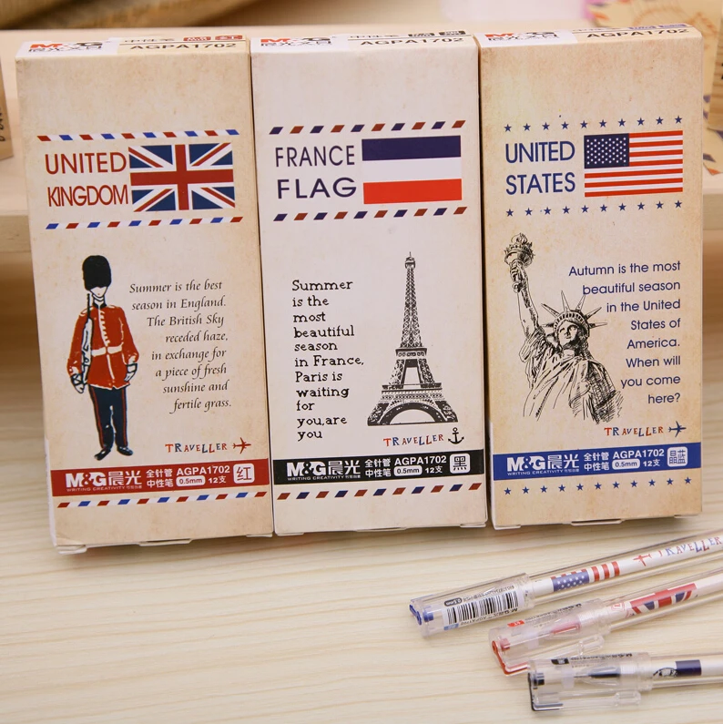 

12pens/lot eco-friendly needle tip 0.5mm gel pen excellent writing high quality stationery national flags series M&G AGPA1702