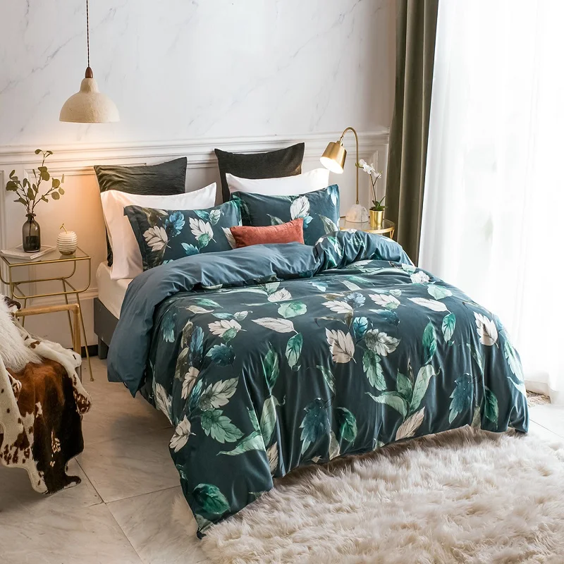 

PHF Velvet Duvet Cover Set Printed Bedding Set Luxury Soft Solid Bed Line for Summer 3 Pieces Queen King Size Navy