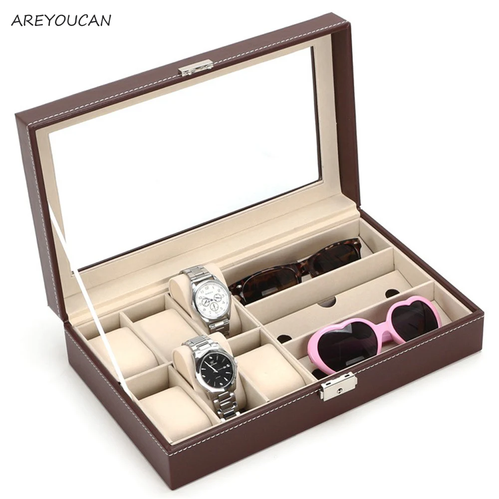 Leather 6 Watch Box Jewelry Case and 3 Piece Eyeglasses Storage and
