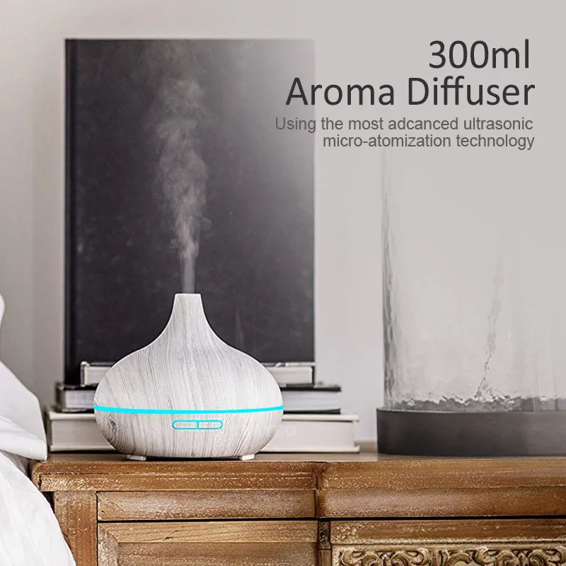 

NEWKBO 300ml Electric Humidifier Aroma Oil Diffuser Ultrasonic White Wood Grain Air Purifier with 7 colors LED Lights for office