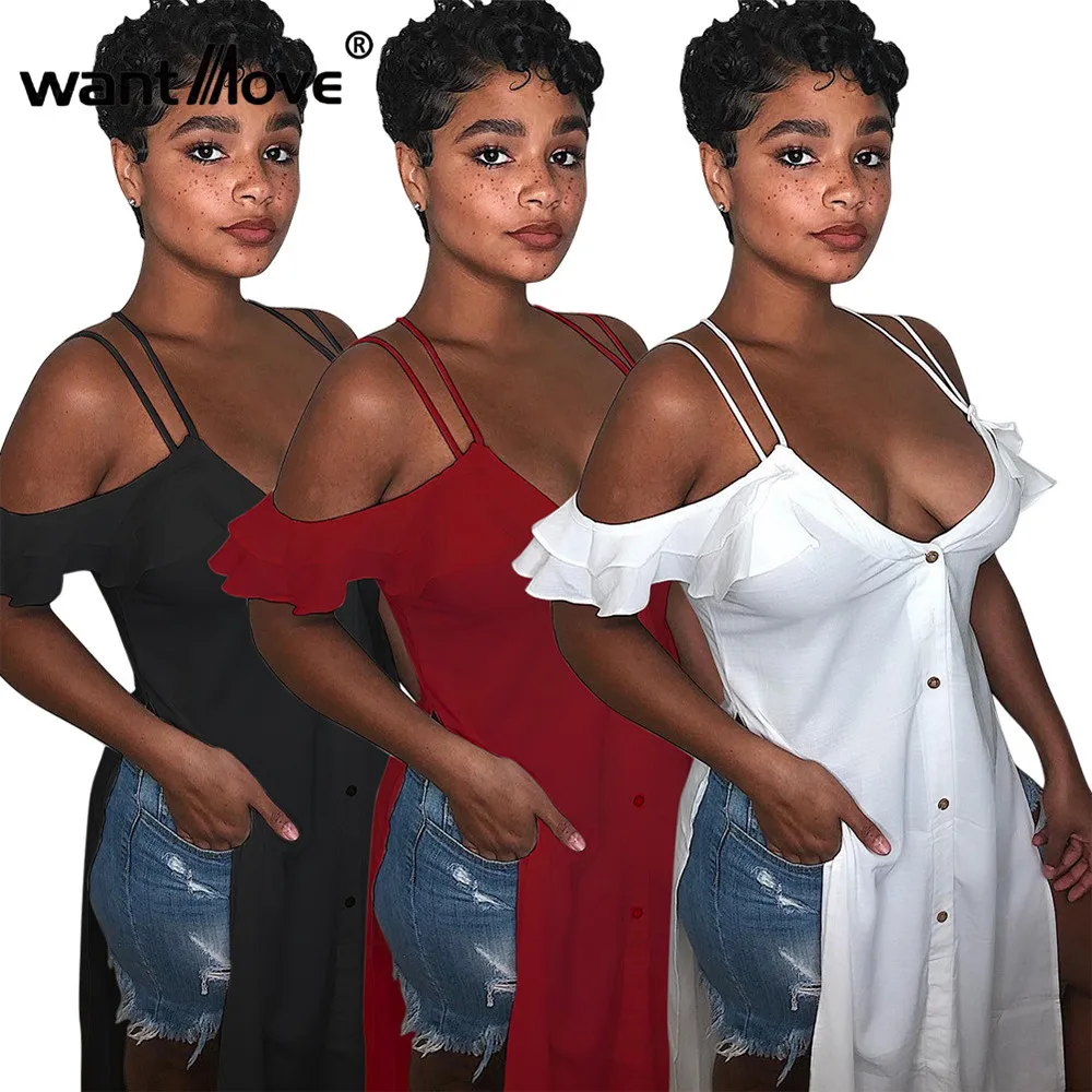 

Wantmove Sexy Off-the-shoulder Ruffles V Neck Casual Solid T-shirt Long Fashion Single-breasted Side Slit High Tops Tee WM317