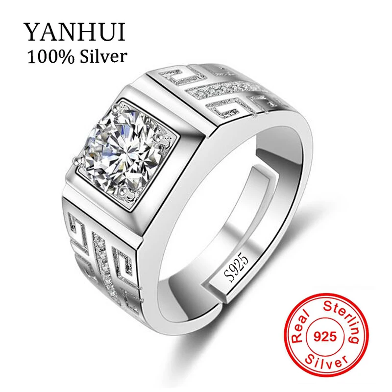 

YANHUI Resizable Original Solid 925 Silver Ring Men Wedding Jewelry Inlay Sona CZ Diamant Stone Engagement Rings For Men NJZ002