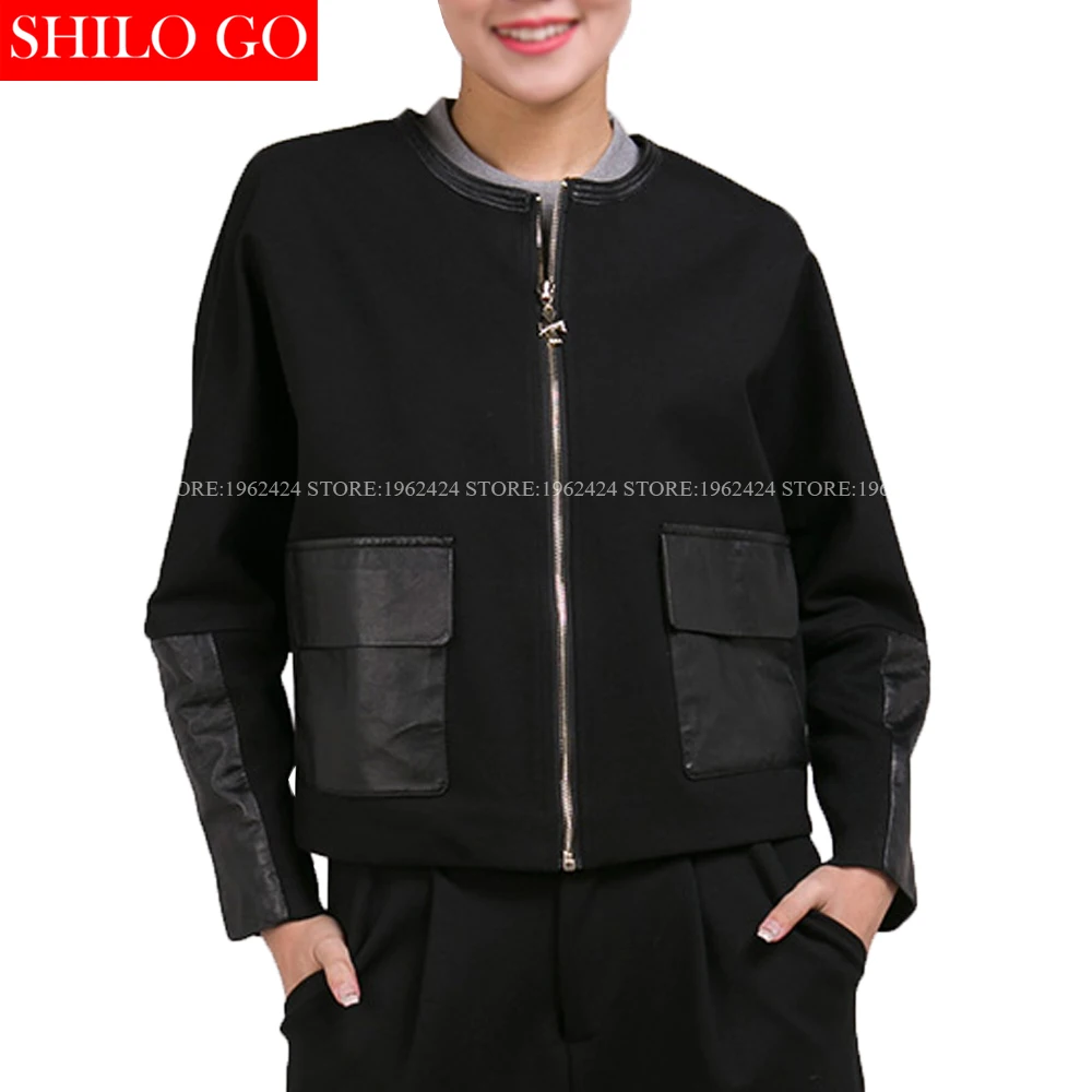 2017 spring fashion new women high quality leather stitching round neck bat sleeve square pocket zipper black leather jacket 3XL