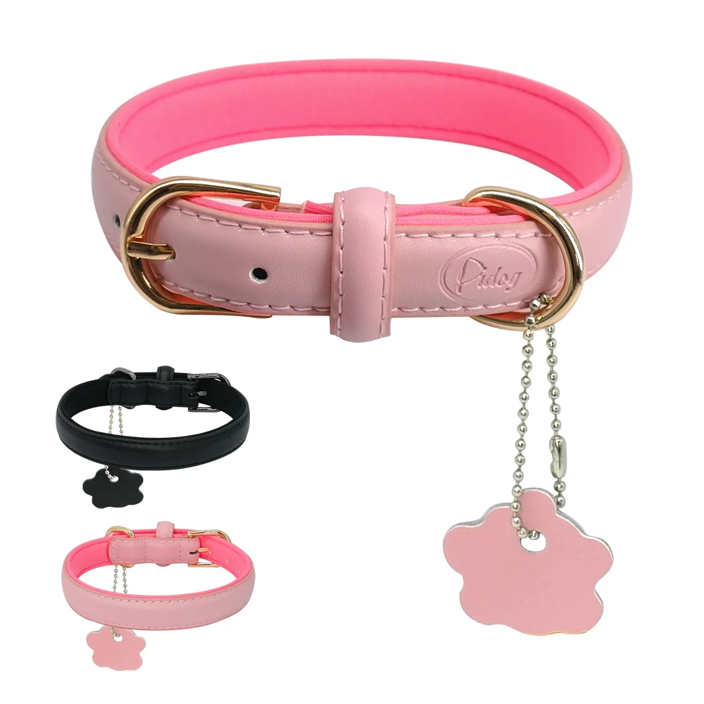 

Puppy Dog Cat Collar Soft Leather Padded Kitten Pet Collars For Small Medium Dogs Cats Chiahuahua With Pink Pendant Accessories