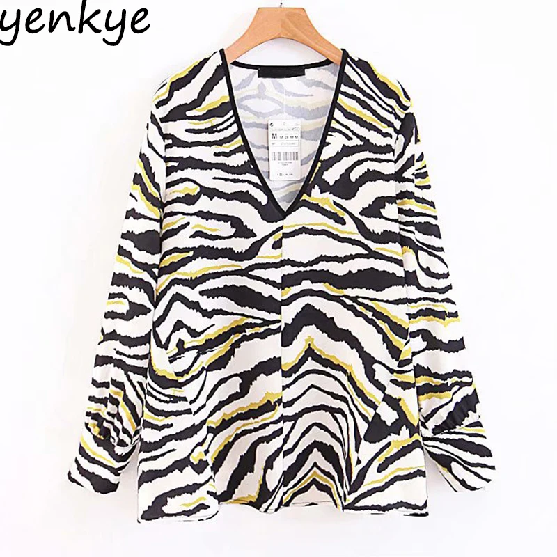 Autumn Women Relaxed Fit V neck Zebra Print Blouse Female Long Sleeve