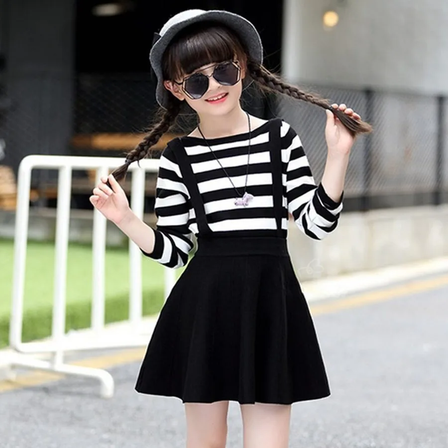 

Girl Autumn Clothing New Pattern Children Leisure Casual Long Skirt Child Stripe Twinset