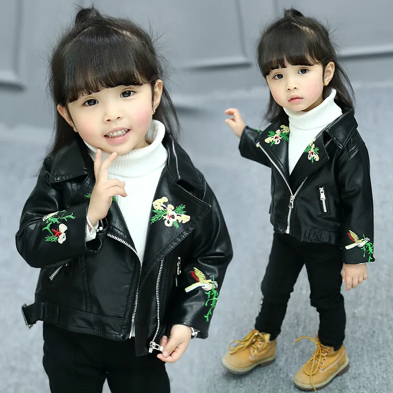 

girls spring autumn jacket 1-5 years old fashion PU jacket coat leather kids jackets baby girl coat cartoon embroidered bird