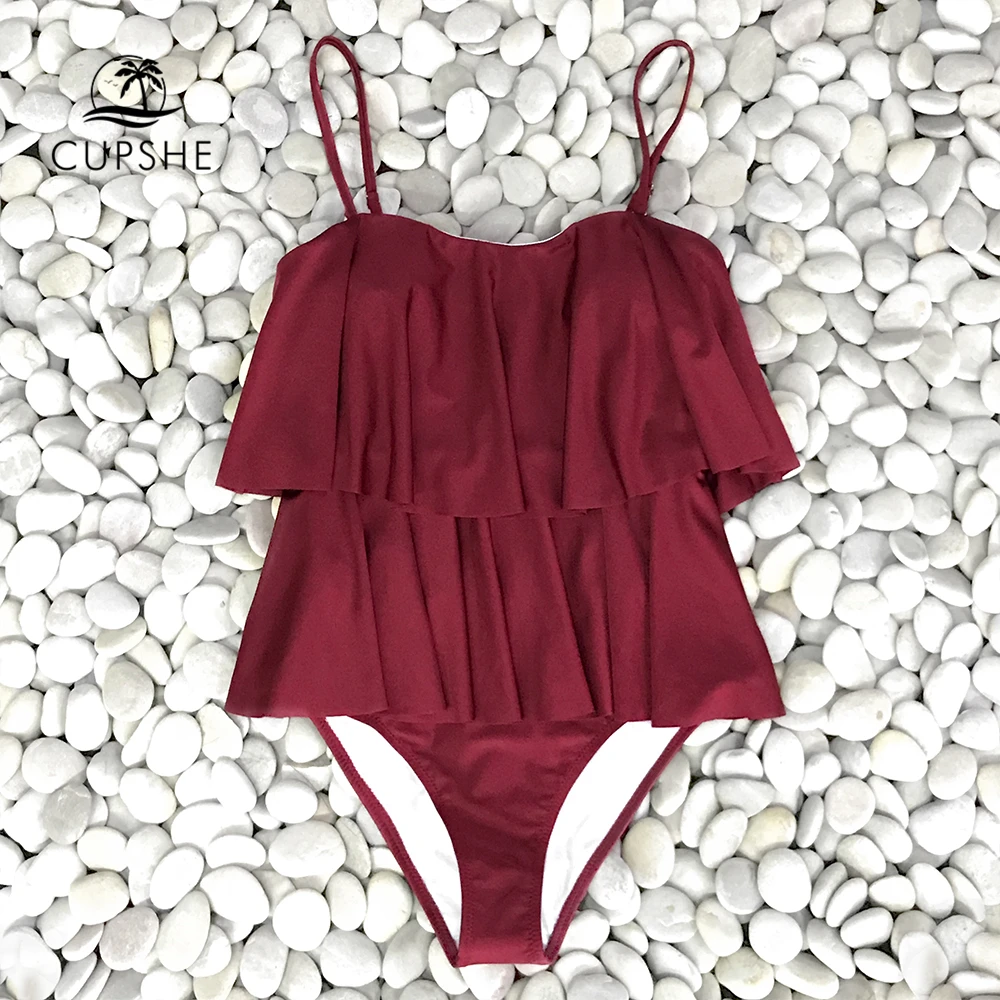 CUPSHE Double Flounce Burgundy One Piece Swimsuit Women Solid Ruffle ...