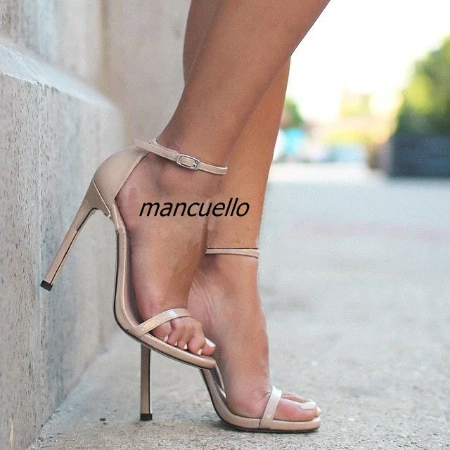 

Hot Selling Line Buckle Style Thin Heel Sandals Sexy Plain PU Suede Open Toe Band-let Stiletto Heel Dress Sandals Celebrity