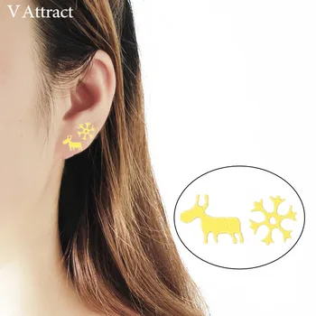 

V Attract 10pair Stainless Steel Deer Snowflake Earrings 2018 Vintage Small Animal Brincos Studs Gold Flower Boucle D'oreille