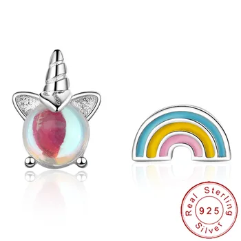 

2019 Little Minimalism 925 Sterling Silver Unicorn Stud Earrings Asymmetrical Girls Kids Rainbow Earnings Oorbellen SE014