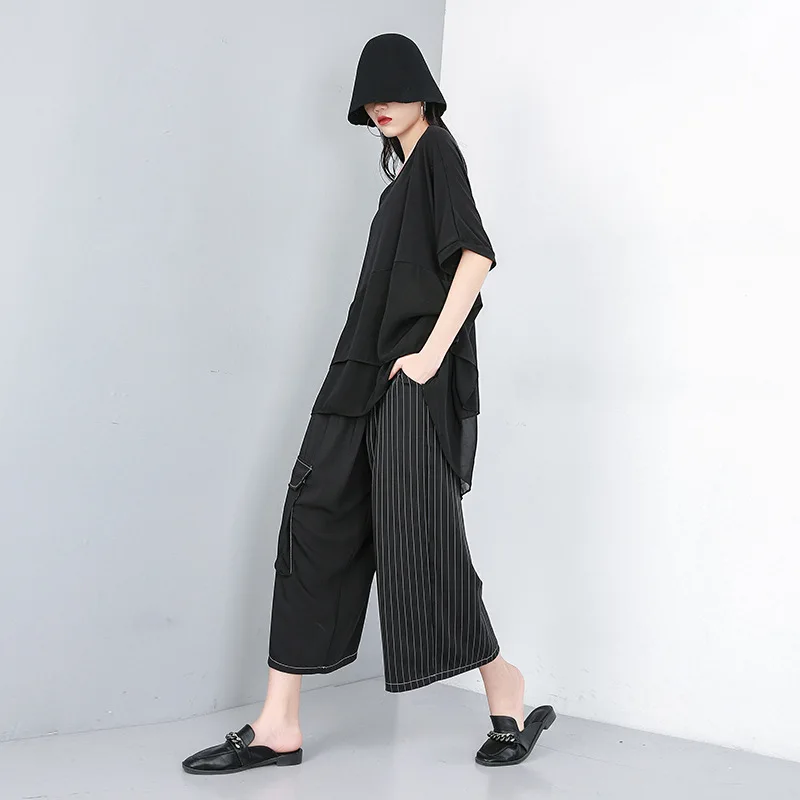 Women Streetwear Fashion Loose Casual Striped Spliced Wide Leg Pants Female Elastic Waist Punk Gothic Haren Straight Trousers Women Streetwear Fashion Loose Casual Striped Spliced Wide Leg Pants Female Elastic Waist Punk Gothic Haren Straight Trousers