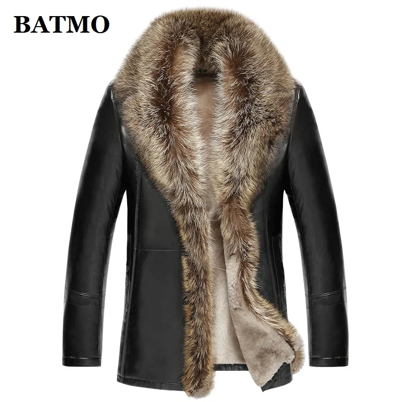 

BATMO 2018 new arrival winter high quality real leather raccoon fur collars trench coat men ,men's winter Wool Liner parkas AL17