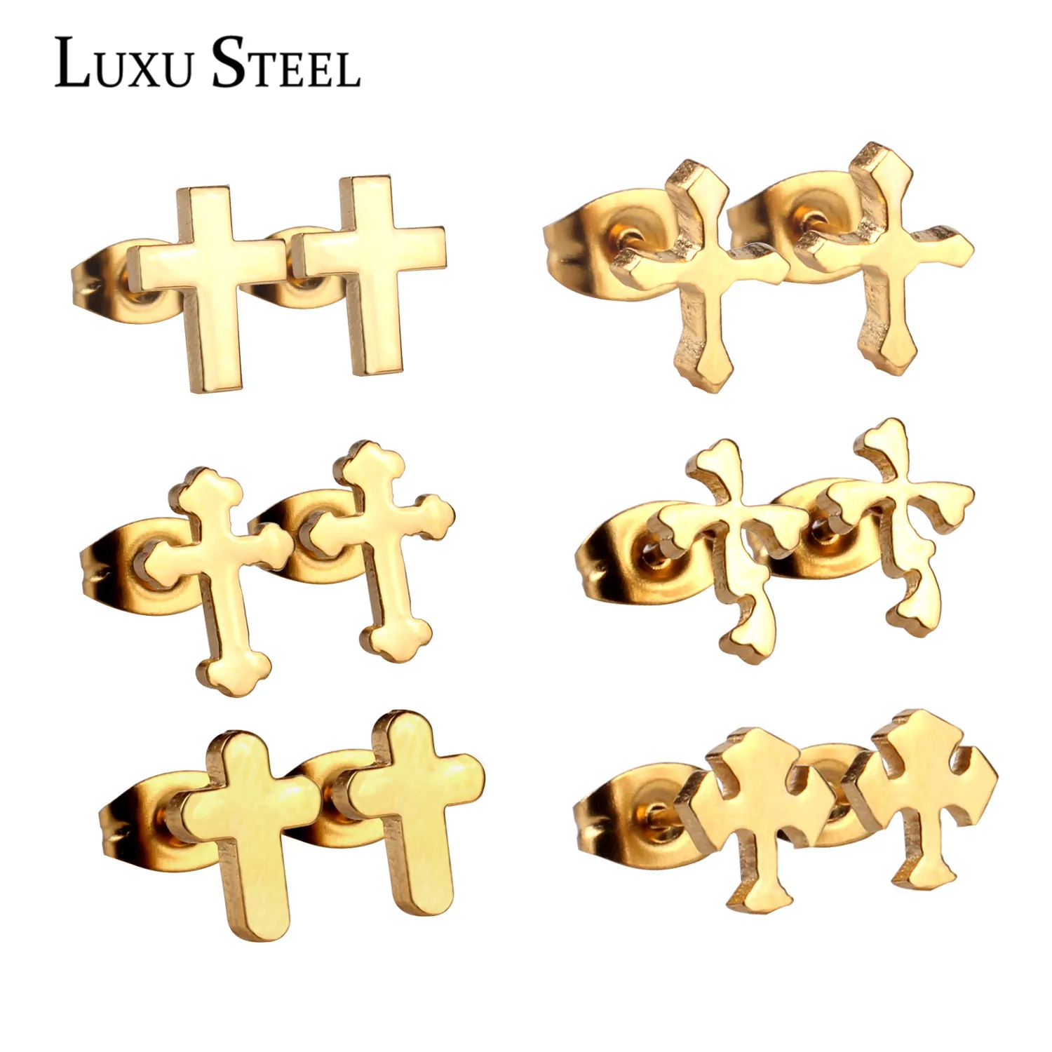 

LUXUSTEEL 6Pairs/Boxes Cross Earring Sets Piercing Jewelry Stainless Steel Gold/Silver/Black Color Push Back Stud Earrings Gift