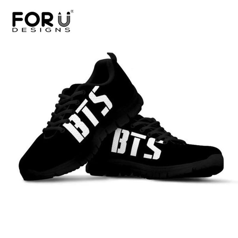 

FORUDESIGNS Women Sneakers Black Lace Up Kpop BTS Print Mesh Shoes Breathable Female Ladies Mesh Flats Comfortable Plus