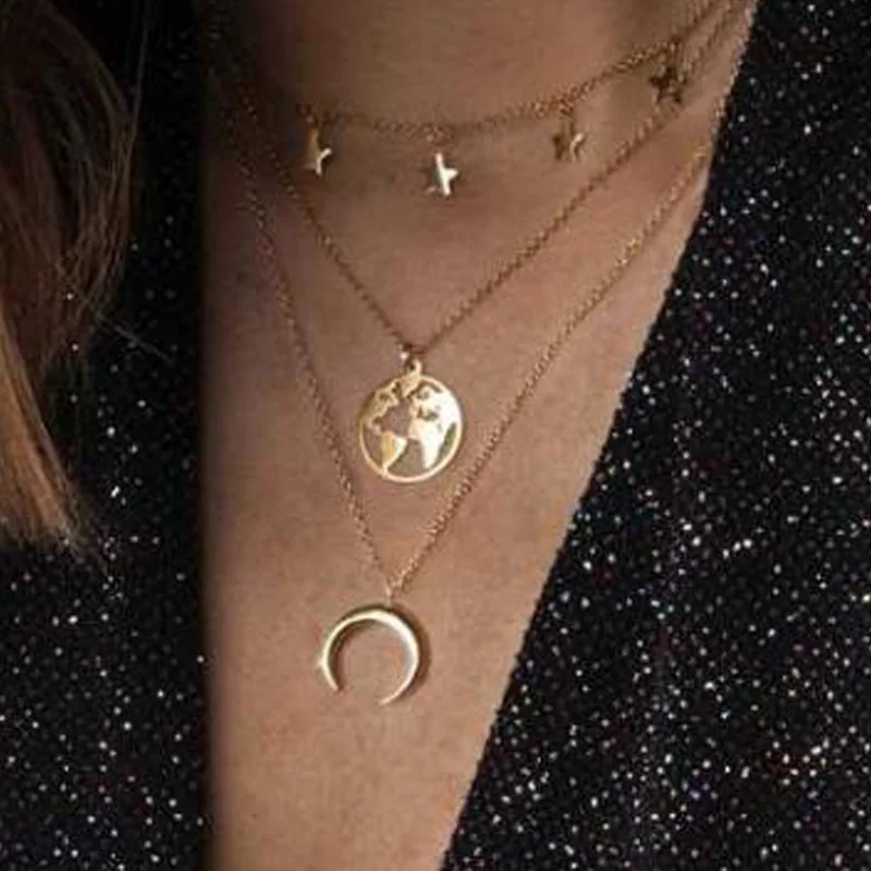 European Trendy Multilayer World Map Star Moon Pendant Necklaces Women Vintage Ox Horn Crescent Clavicle Necklace Jewelry YN817 | Украшения