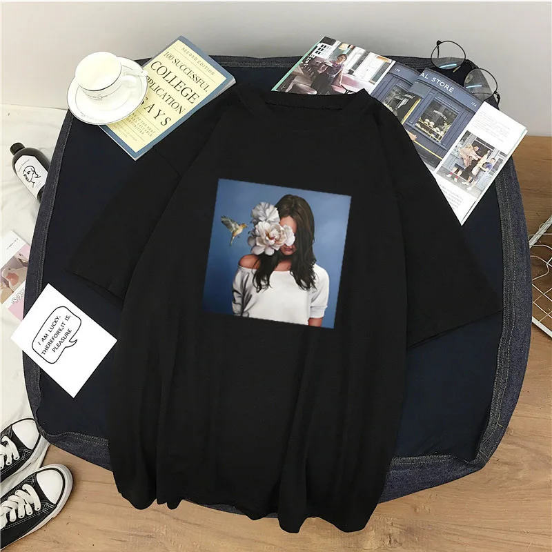 

Cotton Harajuku Aesthetics Sexy Flowers Feather Print Short Sleeve Tops & Tees Fashion Casual Couple streetwear