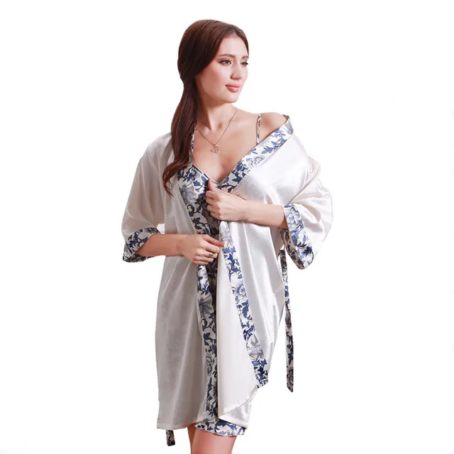 Best Price Luxurious Women Robe Gown Set Fashion Faux Silk Robe De Femme Satin Sleepwear Home Suit Night Sleep 2 pcs Bathrobe Set