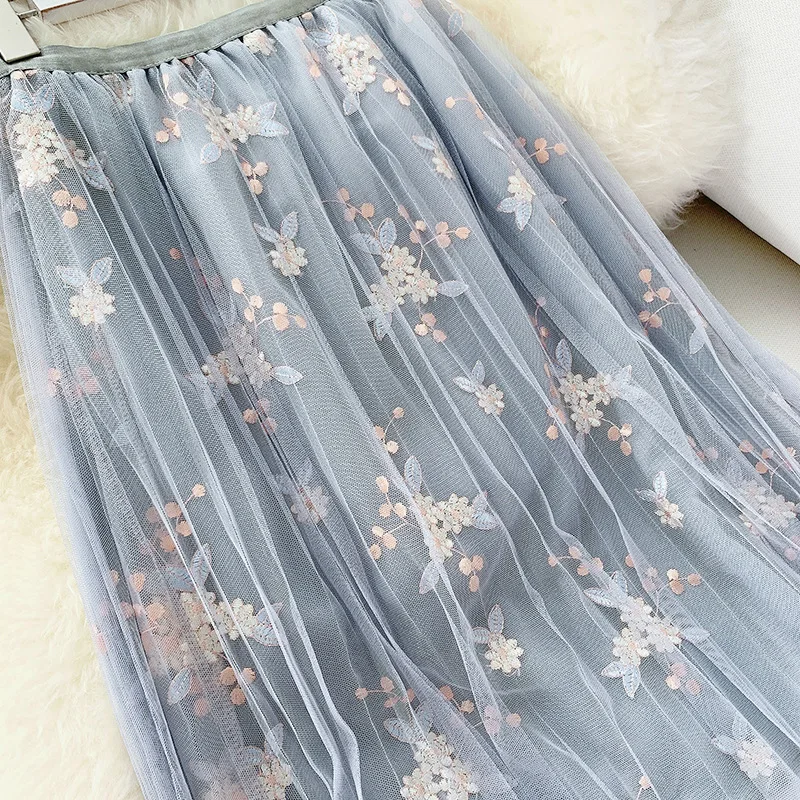 Корейская новая открытая сетчатая юбка с тяжелой вышивкой, Цветочная тонкая газовая юбка с подкладом, элегантная средняя удлиненная юбка для женщин с высокой талией