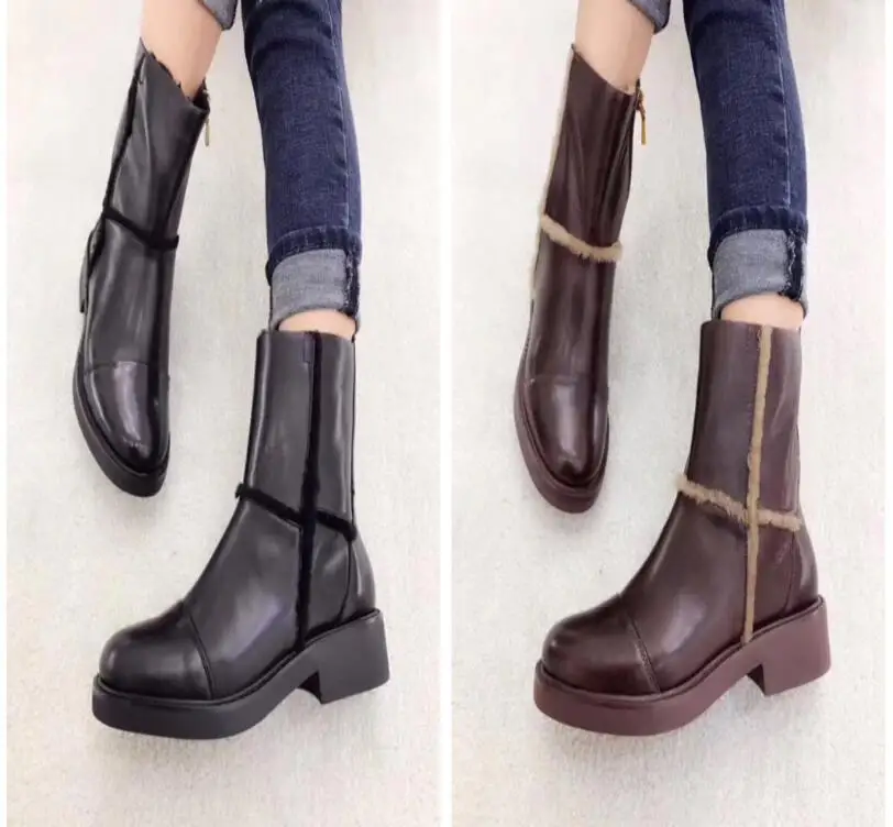 Kaeve Hot Brown/Black Genuine Leather Mid-Calf Boots Round Toe Martin Boots Warm Snow Boots Spring/Winter Motorcycle Boots Kaeve Hot Brown/Black Genuine Leather Mid-Calf Boots Round Toe Martin Boots Warm Snow Boots Spring/Winter Motorcycle Boots