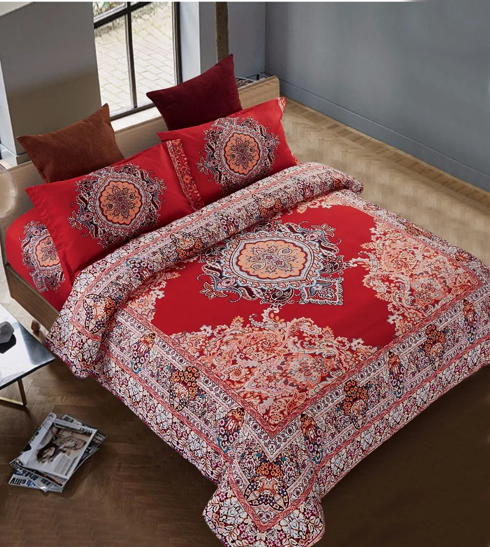 4pcs Chinese Wedding Red Tone Boho Style coverlet Double bed bohemian