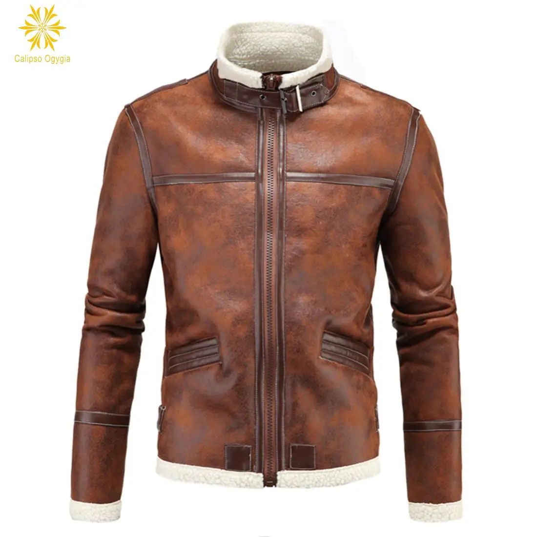

Calipso Ogygia Winter Men's Lambskin Brown Leather Jacket Black Slim fit Biker Motorcycle jacket Faux Fur Coats Brand Colthing