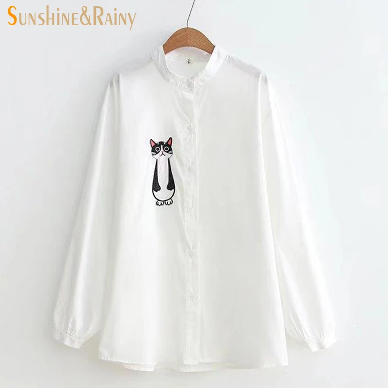 

2017 autumn winter women cat shirts lantern sleeve cotton linen ladies blouse tops loose cat embroidery sweet office blouse tops